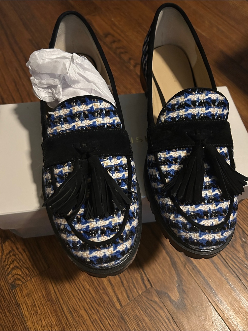 Ann Taylor Blue, Black & White Tweed Tassel Loafers